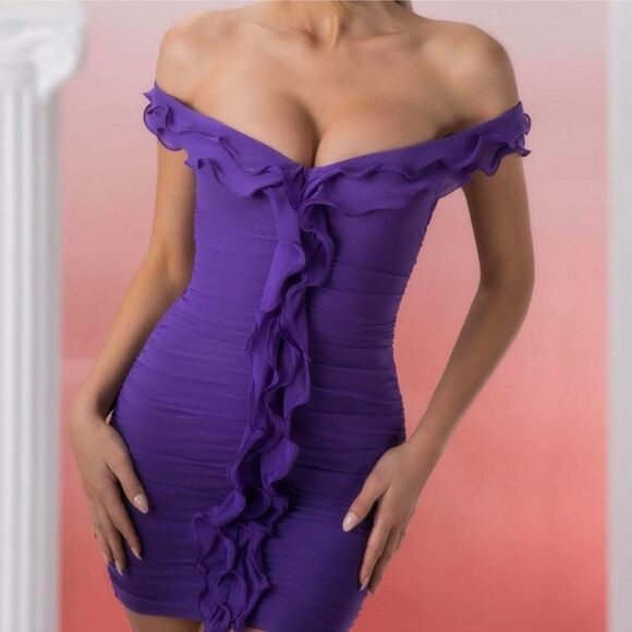 Oh Polly Philia Ruffle Ruched Mini Dress in Violet Purple Size 8 Bodycon - Picture 1 of 10